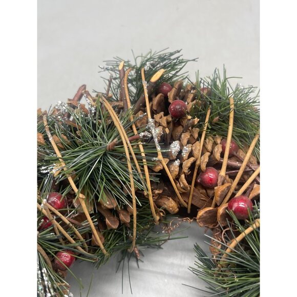 handmade Christmas wreath green brown pine cones holly berries silver 10" READ - Picture 2 of 8